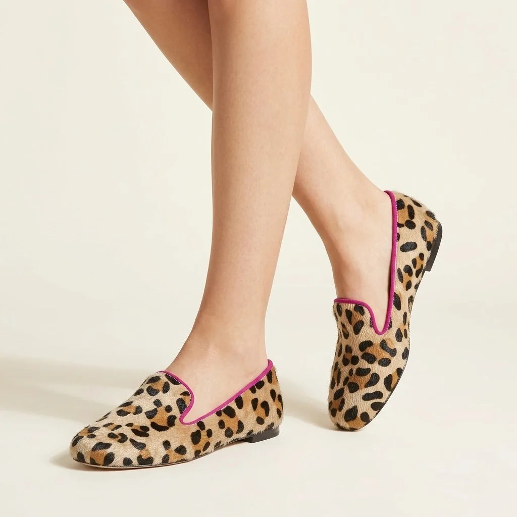 Leopard Women's Leopard Print Ballet Flats — Aimee Cushioned Slip-On Loafer - Model Crossed Legs