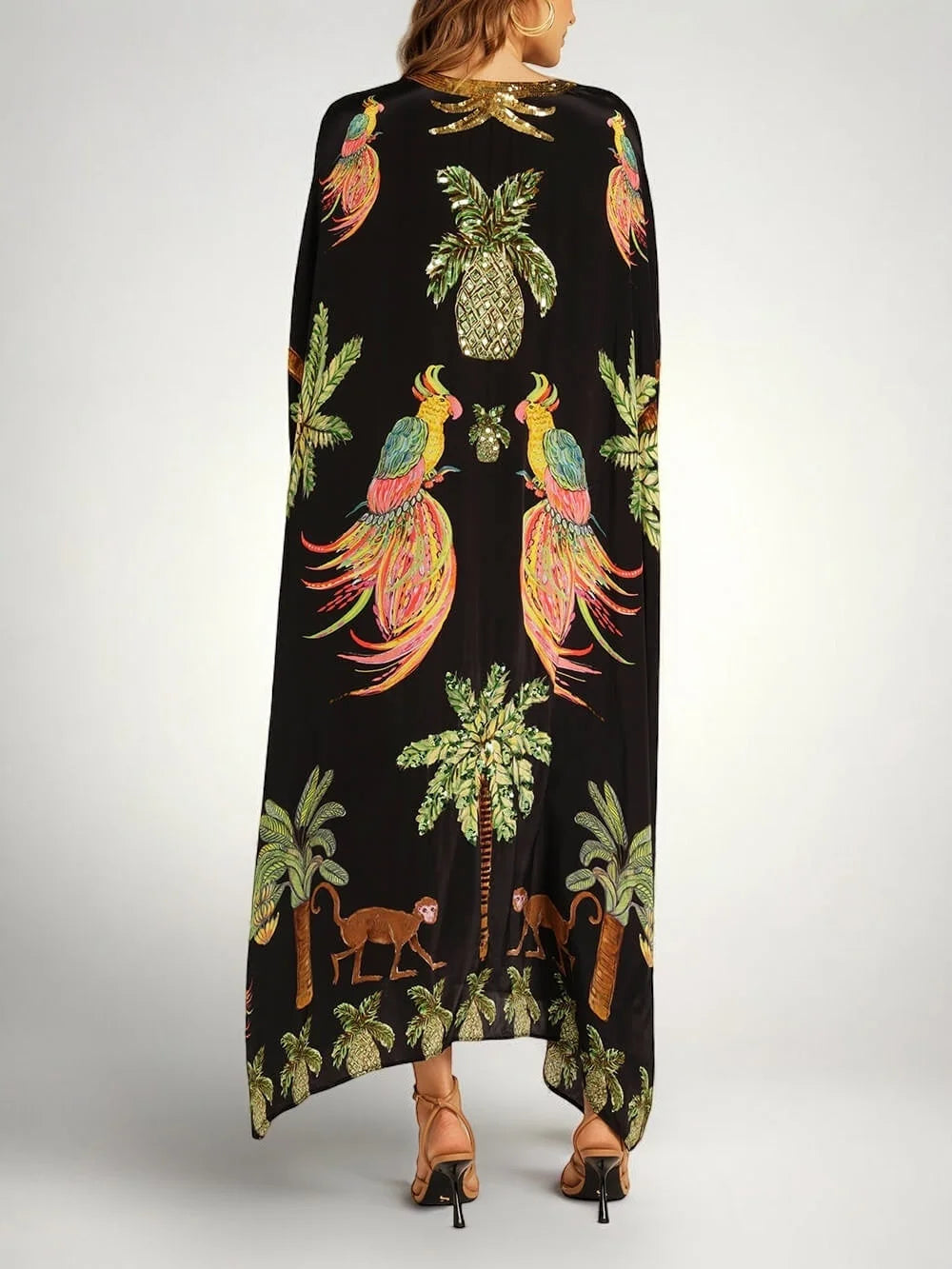 Black Women's Kaftan-Style Tropical Print Dress with Relaxed Drop-Shoulder Sleeves — Raina - Back Full