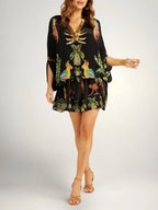 Black Women's Kaftan-Style Tropical Print Dress with Relaxed Drop-Shoulder Sleeves — Raina - Front Cropped Style