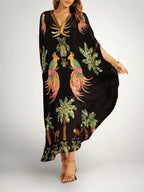 Black Women's Kaftan-Style Tropical Print Dress with Relaxed Drop-Shoulder Sleeves — Raina - Front Medium