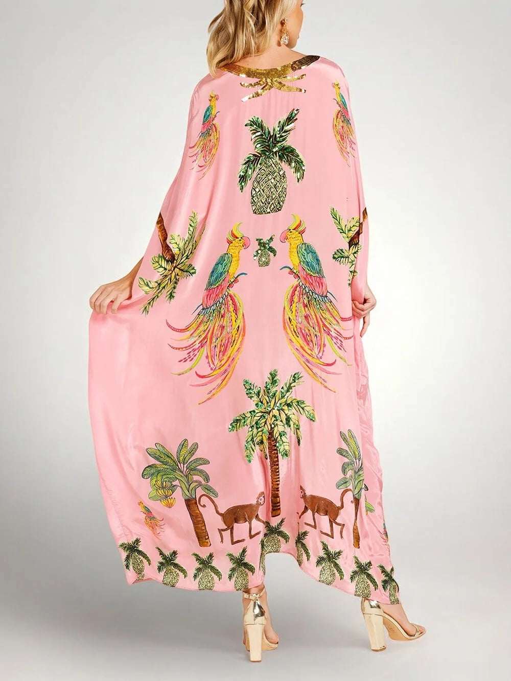 Pink Women's Kaftan-Style Tropical Print Dress with Relaxed Drop-Shoulder Sleeves — Raina - Back Detail