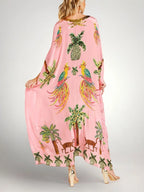 Pink Women's Kaftan-Style Tropical Print Dress with Relaxed Drop-Shoulder Sleeves — Raina - Back Detail