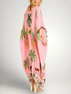 Pink Women's Kaftan-Style Tropical Print Dress with Relaxed Drop-Shoulder Sleeves — Raina - Back Full