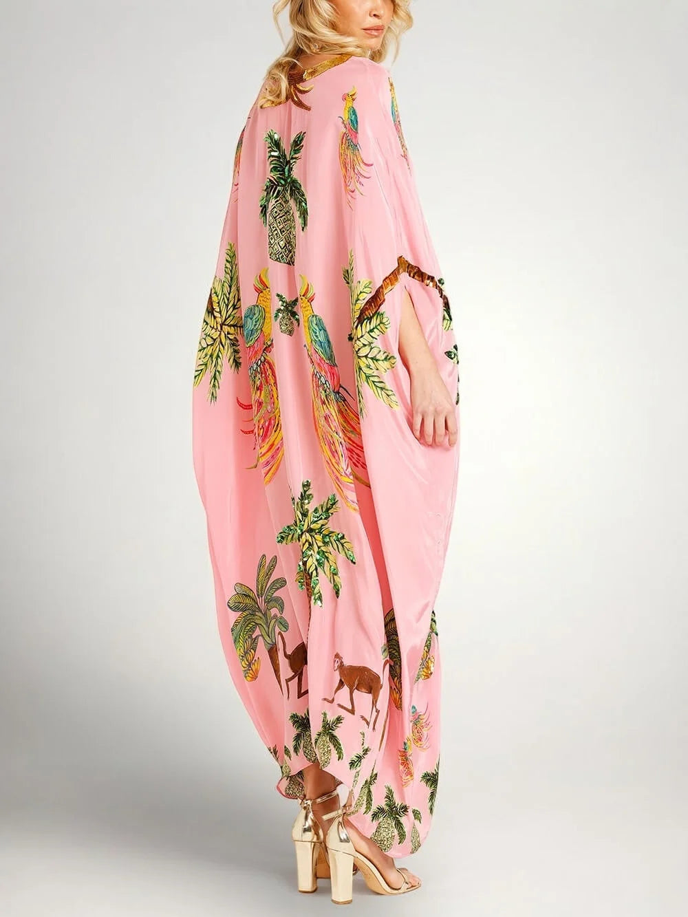 Pink Women's Kaftan-Style Tropical Print Dress with Relaxed Drop-Shoulder Sleeves — Raina - Back Full
