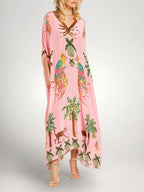 Pink Women's Kaftan-Style Tropical Print Dress with Relaxed Drop-Shoulder Sleeves — Raina - Front Closeup
