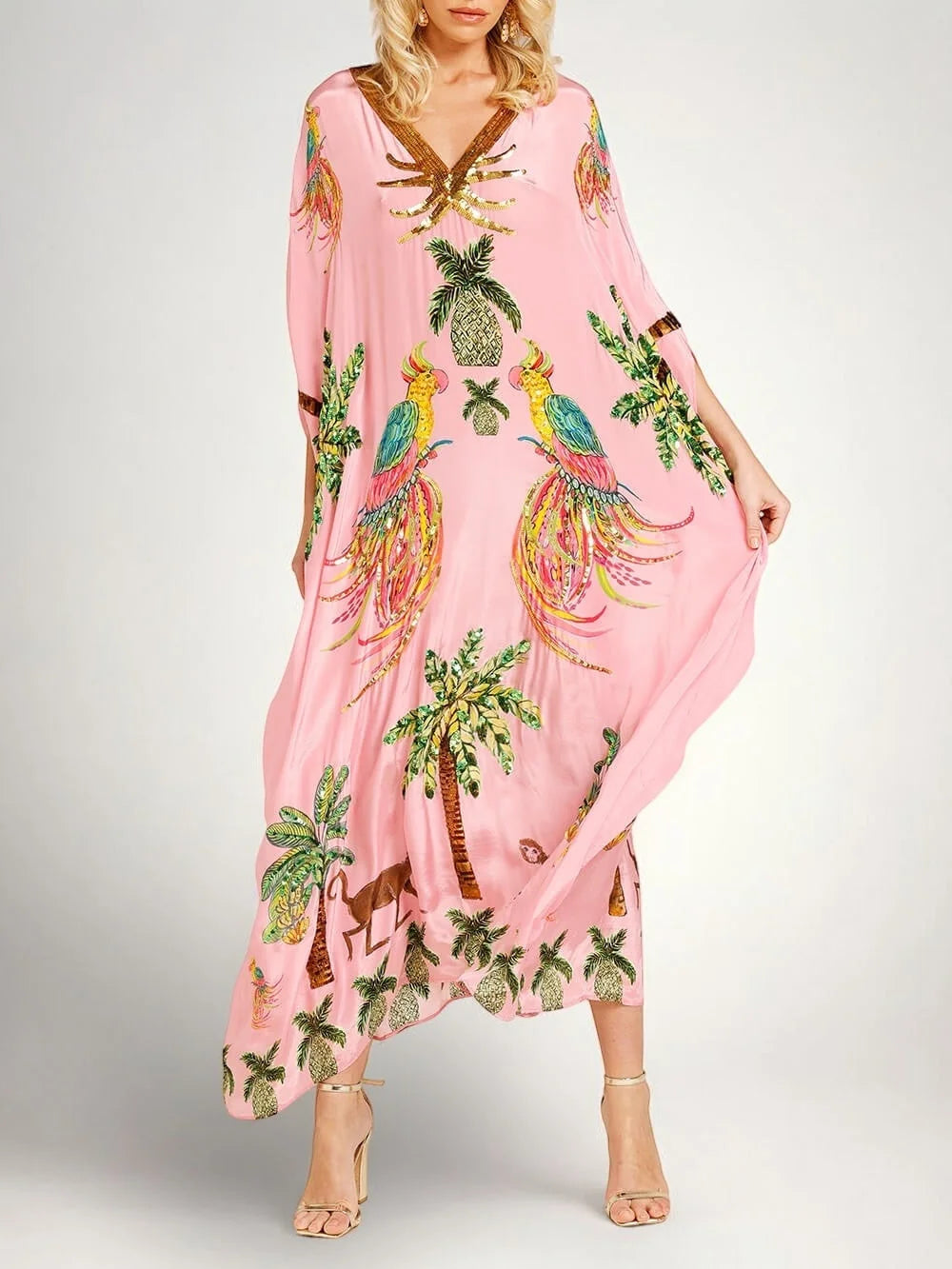 Pink Women's Kaftan-Style Tropical Print Dress with Relaxed Drop-Shoulder Sleeves — Raina - Front Flowing