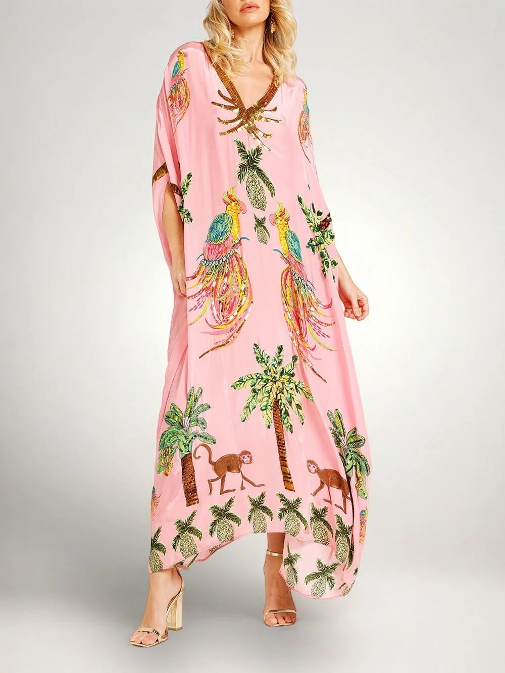 Pink Women's Kaftan-Style Tropical Print Dress with Relaxed Drop-Shoulder Sleeves — Raina - Front Side Pose