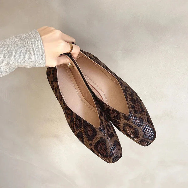 Dark Brown Women's Leopard Print Flats — Ember Leather Square-Toe Slip-On - Hand Held Pair