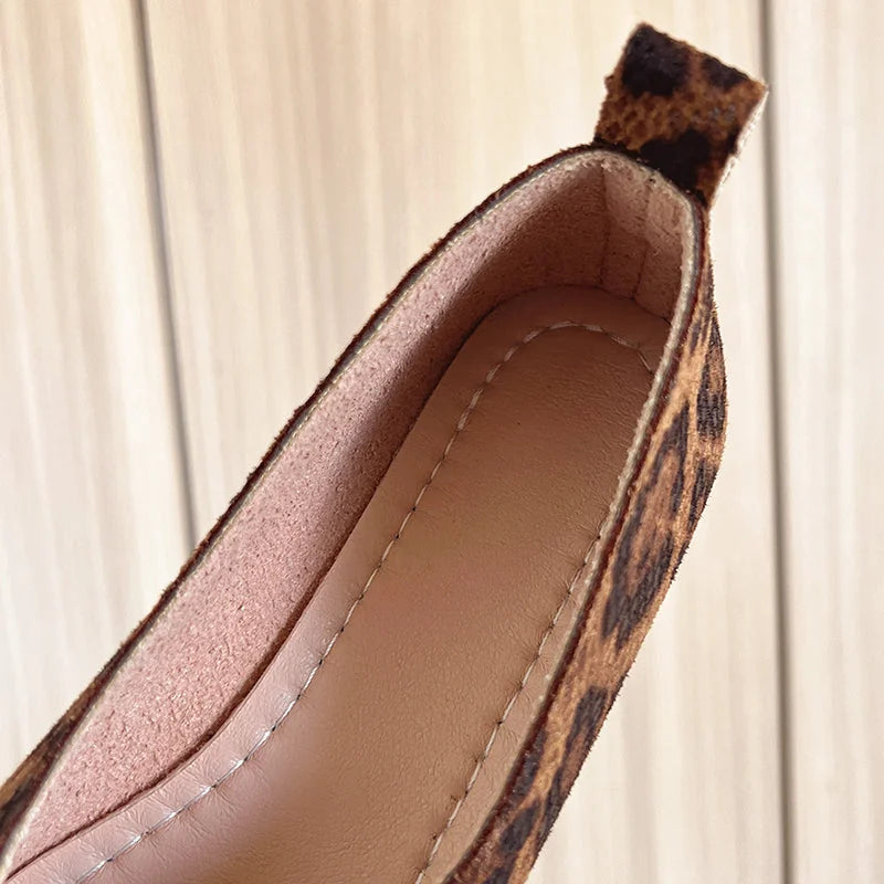 Dark Brown Women's Leopard Print Flats — Ember Leather Square-Toe Slip-On - Interior Detail