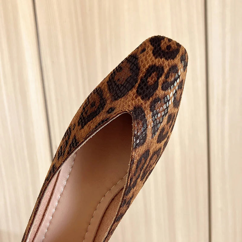 Dark Brown Women's Leopard Print Flats — Ember Leather Square-Toe Slip-On - Toe Close Up