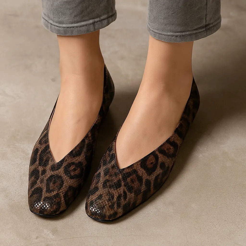 Dark Brown Women's Leopard Print Flats — Ember Leather Square-Toe Slip-On - Worn Front Closeup