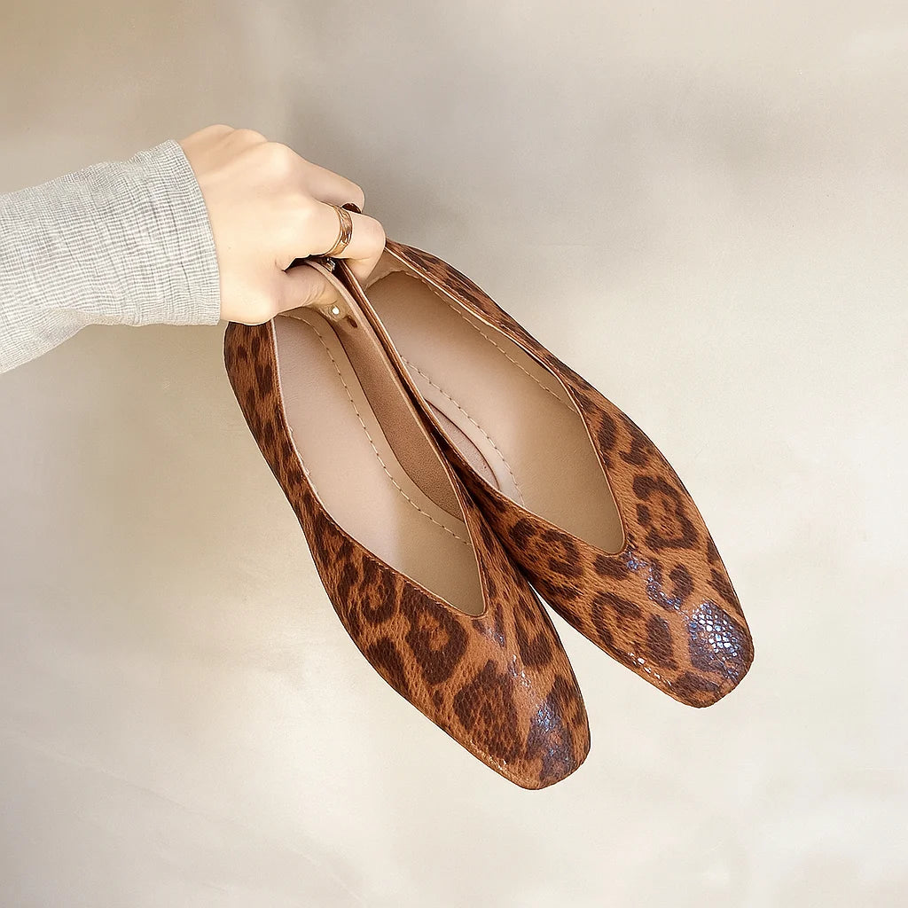 Light Brown Women's Leopard Print Flats — Ember Leather Square-Toe Slip-On - Hand Held Lightbrown