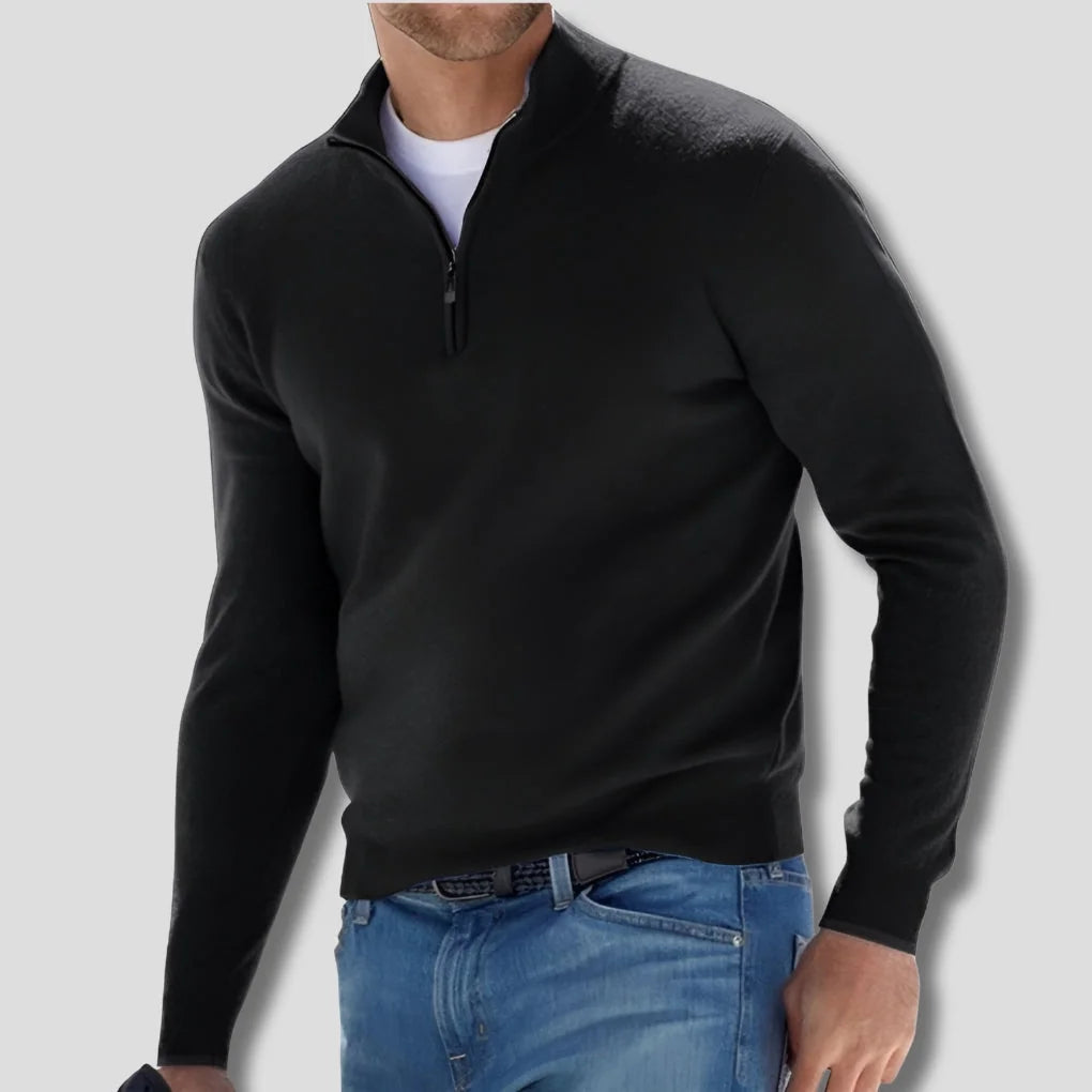 Black Men's Quarter Zip Sweater with Ribbed Trim & Relaxed Fit