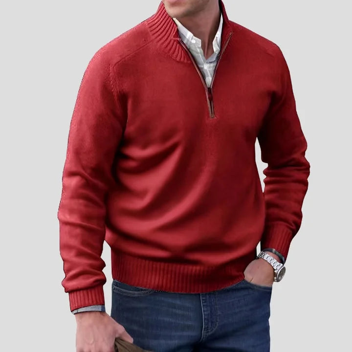 Burgundy Men's Quarter Zip Sweater with Ribbed Trim & Relaxed Fit