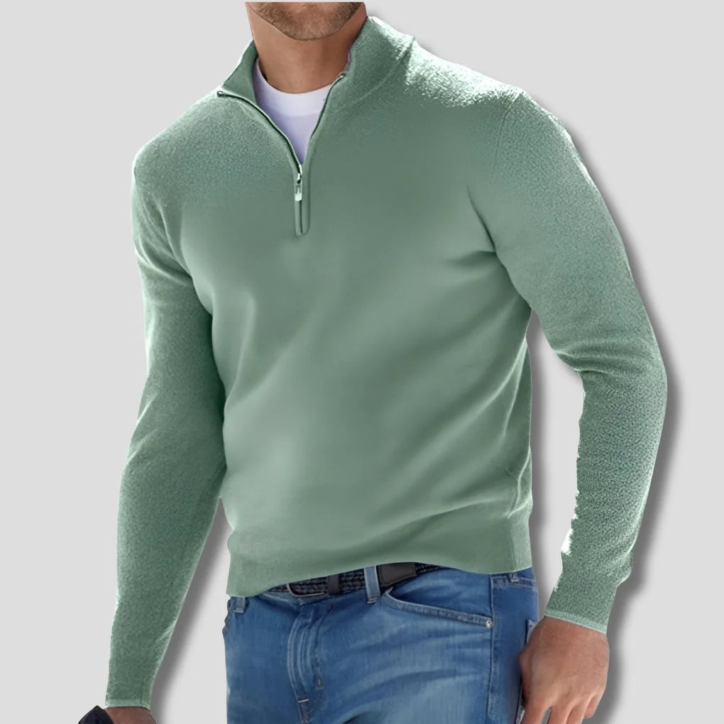 Green Men's Quarter Zip Sweater with Ribbed Trim & Relaxed Fit
