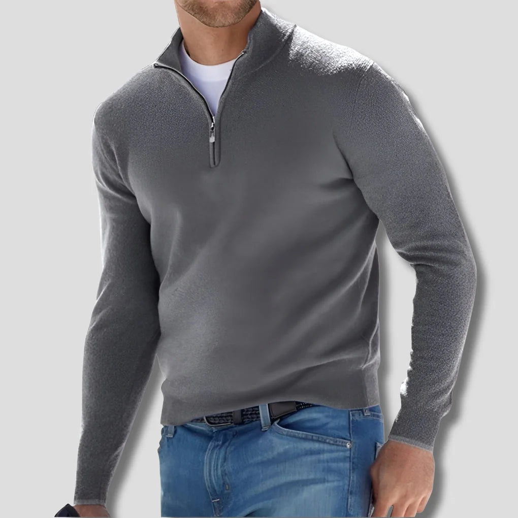 Grey Men's Quarter Zip Sweater with Ribbed Trim & Relaxed Fit