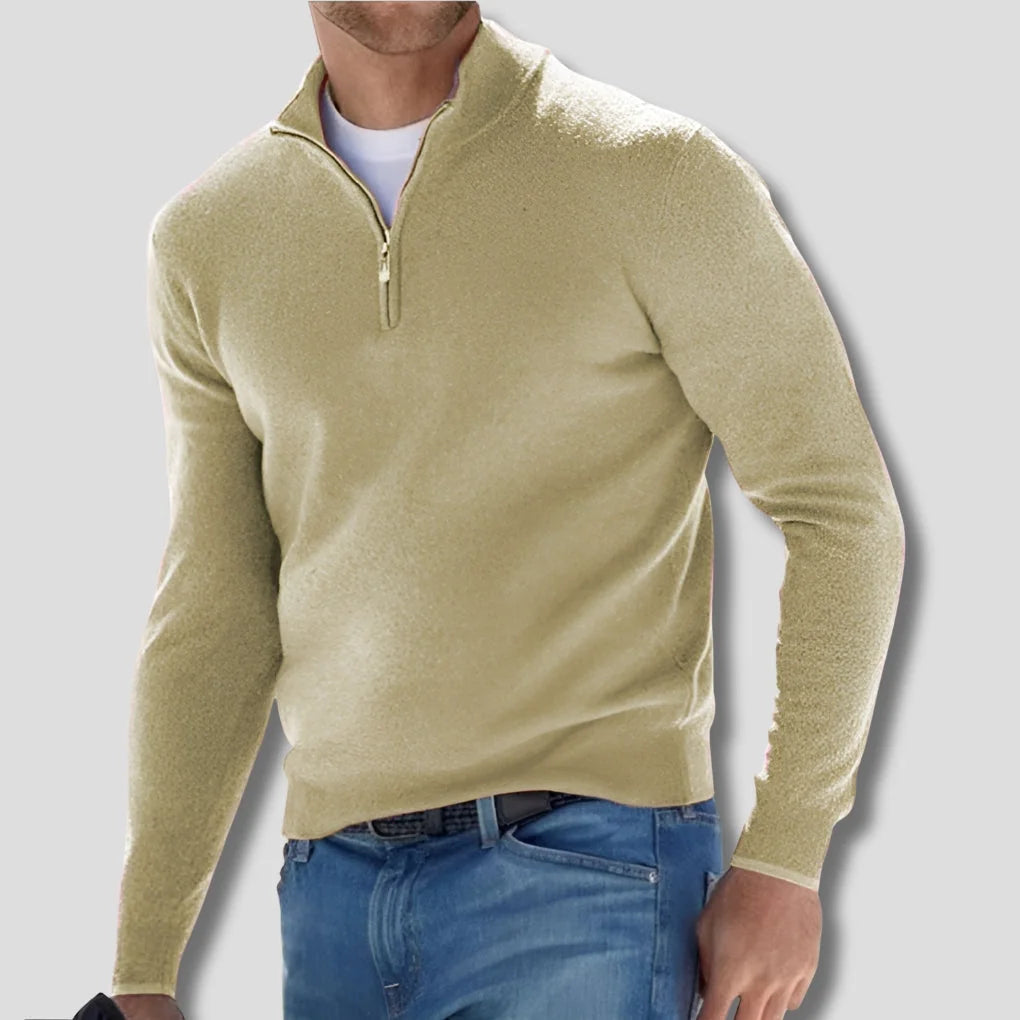 Light Green Men's Quarter Zip Sweater with Ribbed Trim & Relaxed Fit - Front Detail