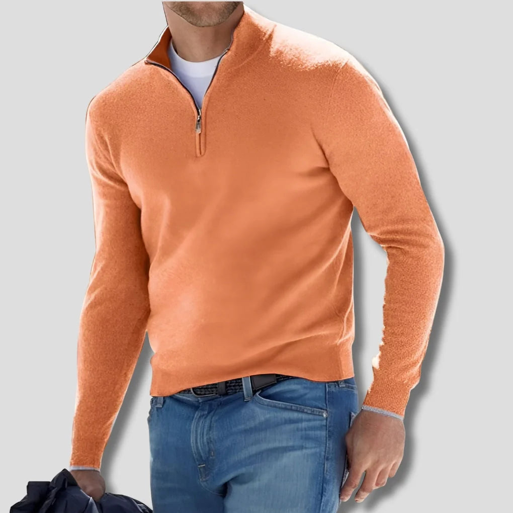 Orange Men's Quarter Zip Sweater with Ribbed Trim & Relaxed Fit