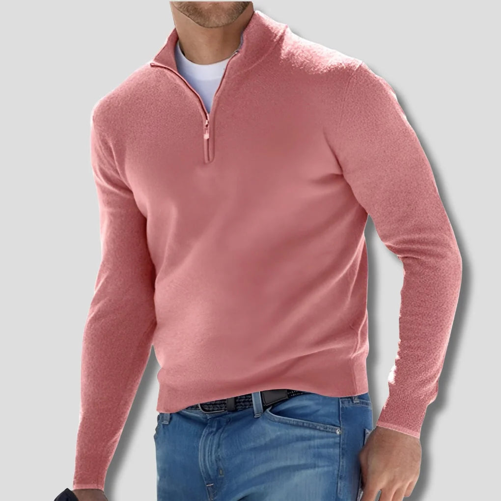 Pink Men's Quarter Zip Sweater with Ribbed Trim & Relaxed Fit