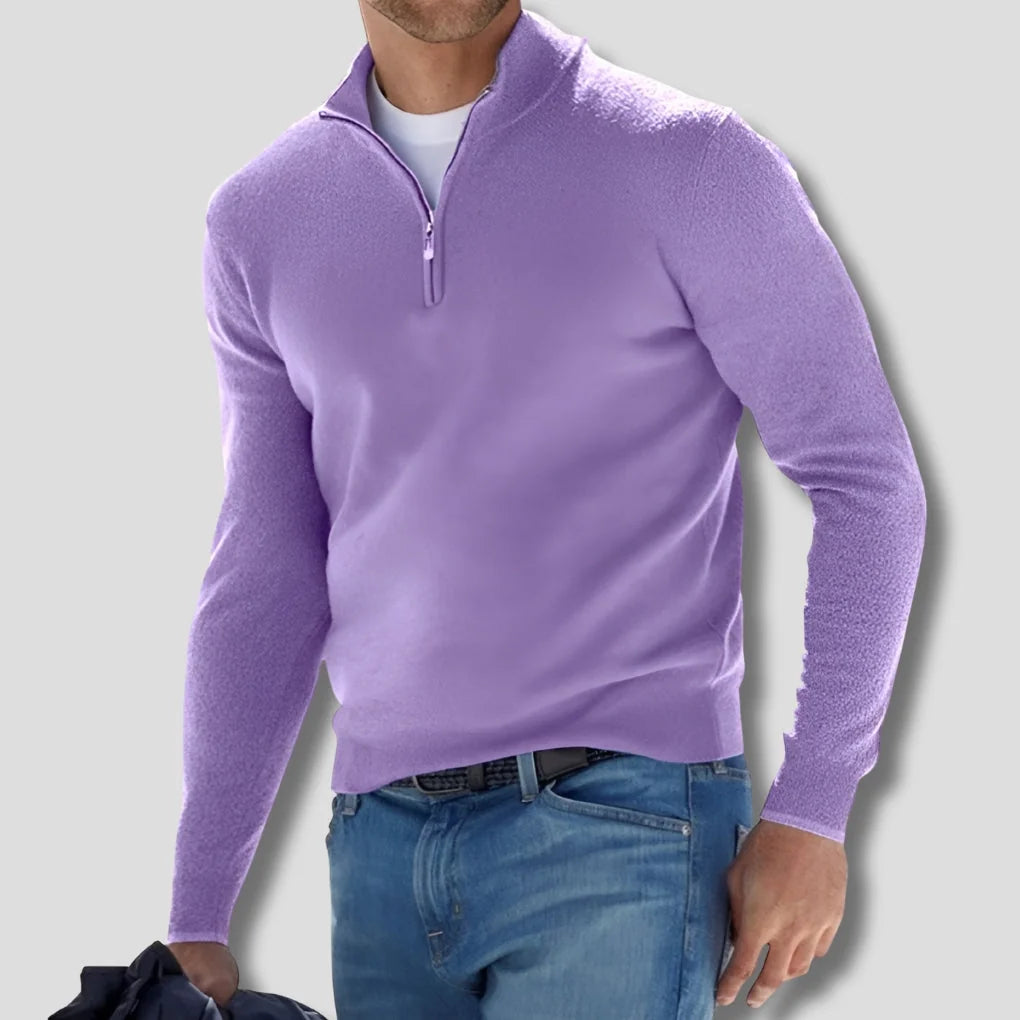 Purple Men's Quarter Zip Sweater with Ribbed Trim & Relaxed Fit — Hunter