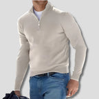 White Men's Quarter Zip Sweater with Ribbed Trim & Relaxed Fit