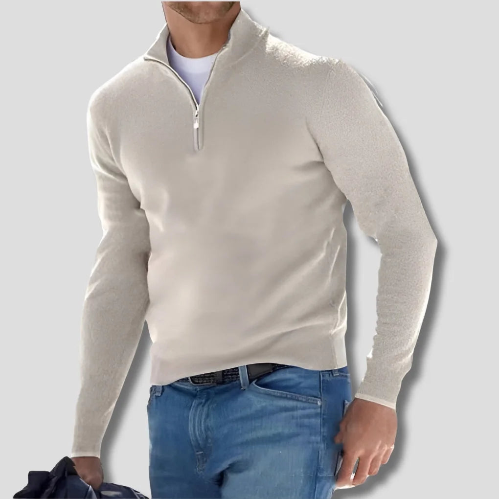 White Men's Quarter Zip Sweater with Ribbed Trim & Relaxed Fit
