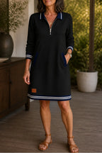 Black Women's Sweatshirt Dress with Quarter-Zip Collar & Ribbed Knit Trim