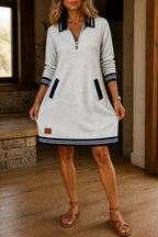 Grey Women's Sweatshirt Dress with Quarter-Zip Collar & Ribbed Knit Trim