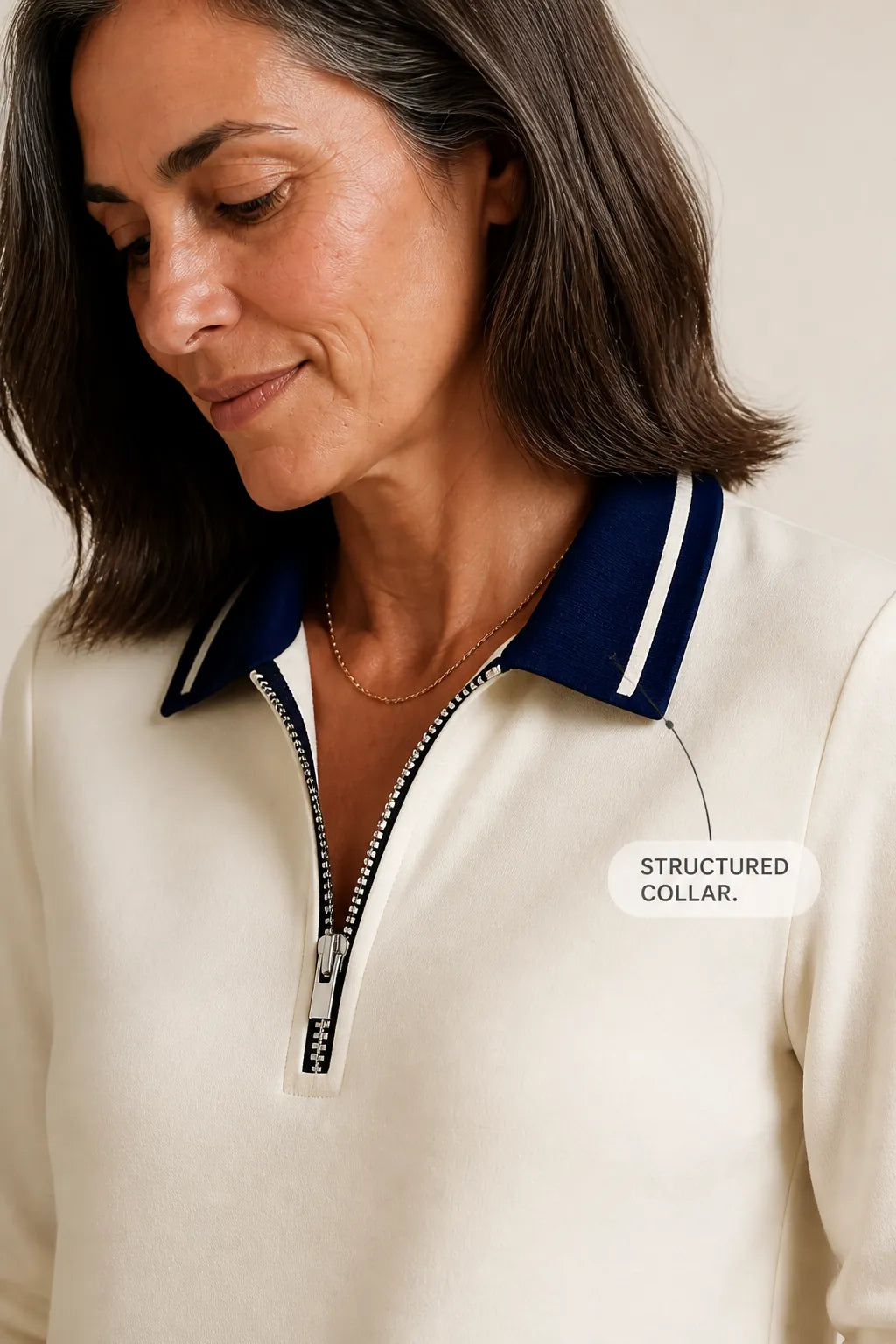 Women's Sweatshirt Dress with Quarter-Zip Collar & Ribbed Knit Trim - Collar Detail