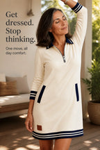 Women's Sweatshirt Dress with Quarter-Zip Collar & Ribbed Knit Trim - Lifestyle Text Overlay 1