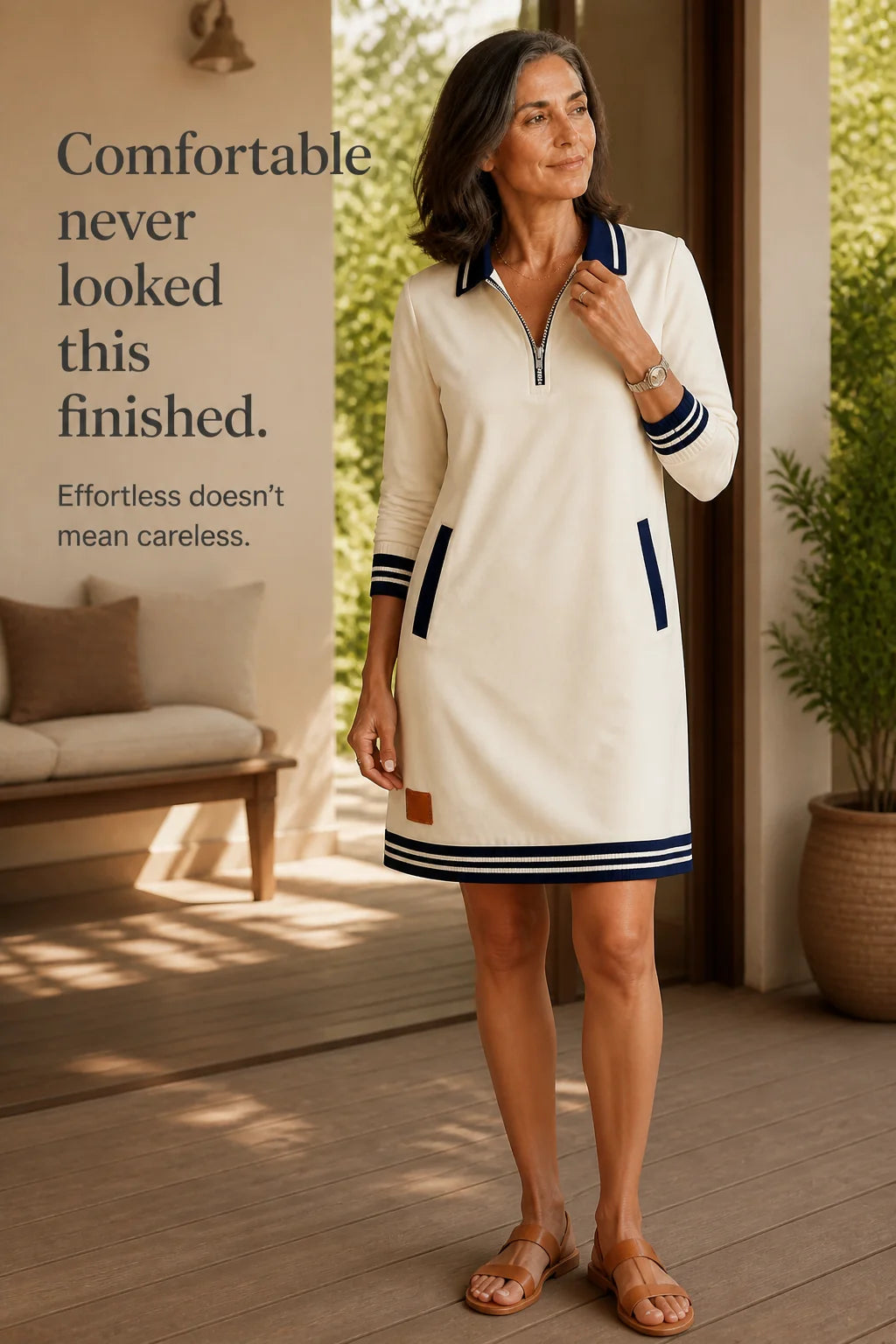 Women's Sweatshirt Dress with Quarter-Zip Collar & Ribbed Knit Trim - Lifestyle Text Overlay 3
