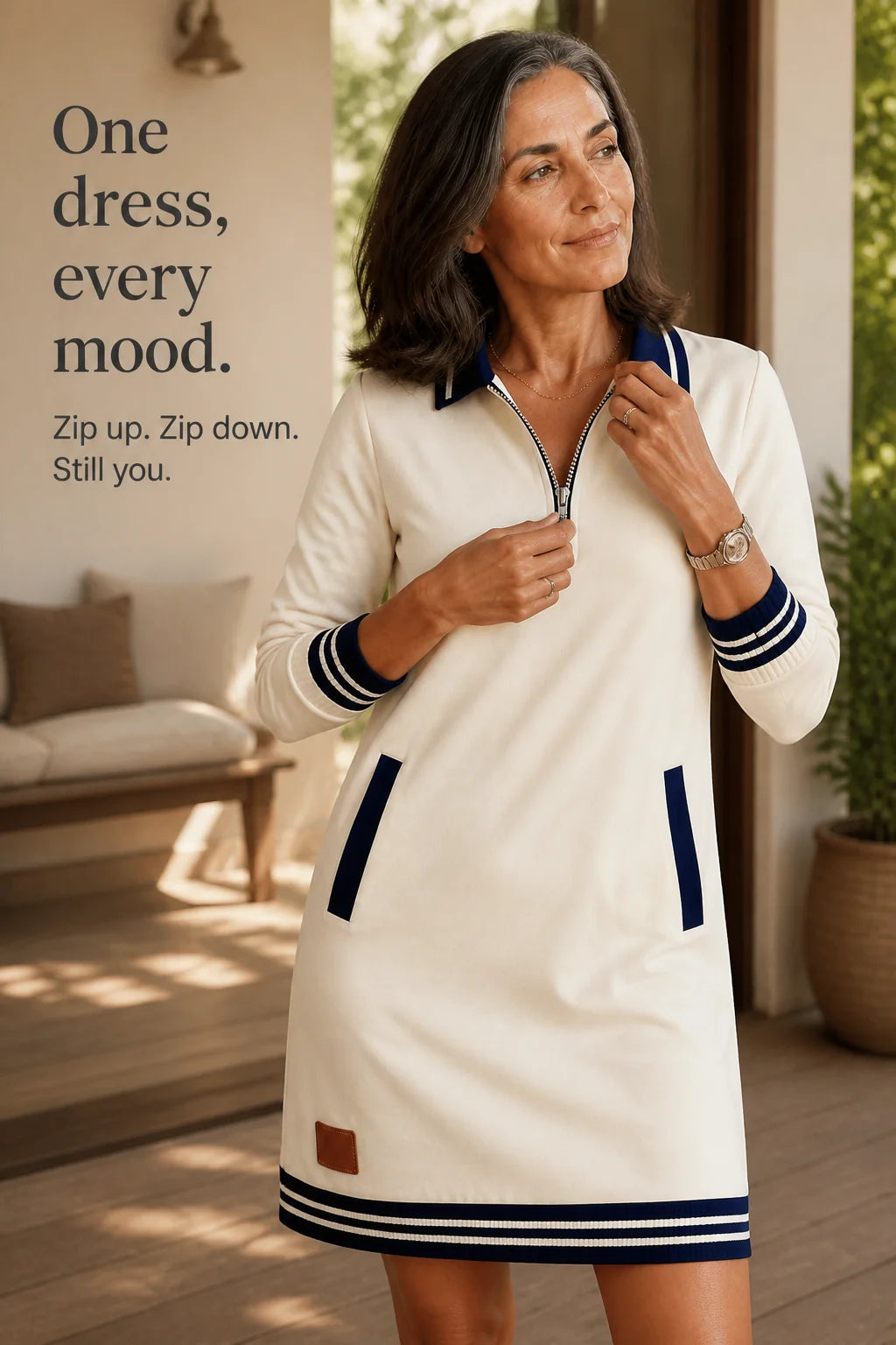 Women's Sweatshirt Dress with Quarter-Zip Collar & Ribbed Knit Trim - Lifestyle Text Overlay 2