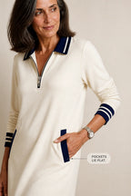 Women's Sweatshirt Dress with Quarter-Zip Collar & Ribbed Knit Trim - Pocket Detail