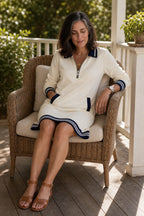 Women's Sweatshirt Dress with Quarter-Zip Collar & Ribbed Knit Trim - Seated Pose