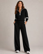 Black Women's Quarter Zip Two Piece Set with Striped Wide-Leg Pants — Estella