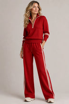 Red Women's Quarter Zip Two Piece Set with Striped Wide-Leg Pants — Estella