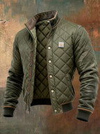 Green Men's Quilted Bomber Jacket with Standup Collar & Snap Button Closure