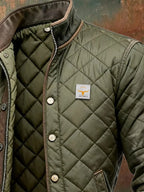 Military Green Men's Quilted Bomber Jacket with Standup Collar & Snap Button Closure — Jack - Close Up Collar Detail