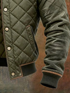Military Green Men's Quilted Bomber Jacket with Standup Collar & Snap Button Closure — Jack - Sleeve Cuff Detail