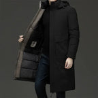 Black Men's Quilted Winter Coat with Hooded Design & Relaxed Long Fit