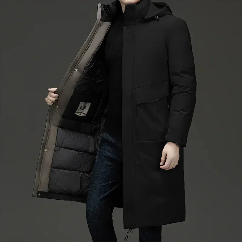 Black Men's Quilted Winter Coat with Hooded Design & Relaxed Long Fit