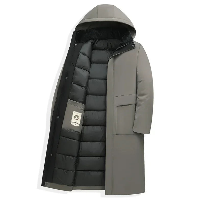 Men's Quilted Winter Coat with Hooded Design & Relaxed Long Fit - Flat Lay Open
