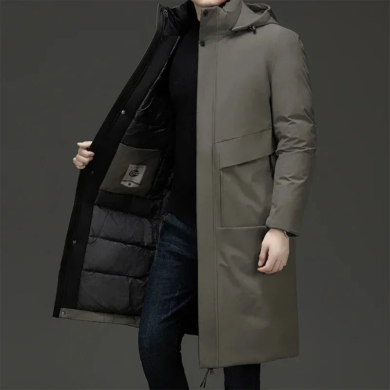 Gray Men's Quilted Winter Coat with Hooded Design & Relaxed Long Fit