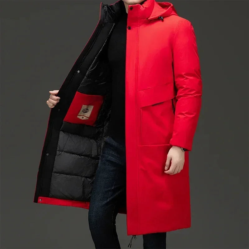 Red Men's Quilted Winter Coat with Hooded Design & Relaxed Long Fit