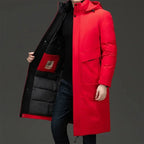 Red Men's Quilted Winter Coat with Hooded Design & Relaxed Long Fit