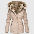 Beige Women's Quilted Winter Coat with Faux Fur Hood & Relaxed Fit