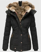 Black Women's Quilted Winter Coat with Faux Fur Hood & Relaxed Fit
