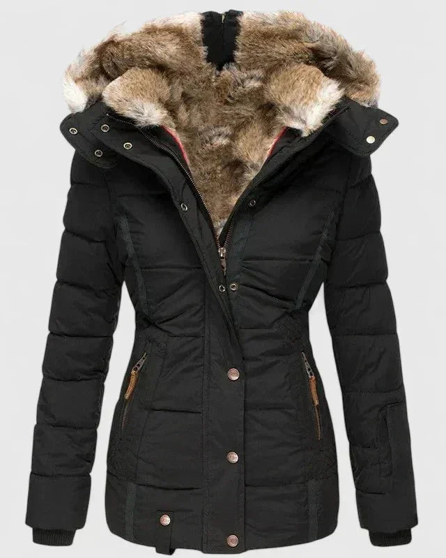 Black Women's Quilted Winter Coat with Faux Fur Hood & Relaxed Fit
