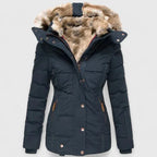 Blue Women's Quilted Winter Coat with Faux Fur Hood & Relaxed Fit — Wren