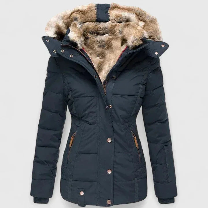 Blue Women's Quilted Winter Coat with Faux Fur Hood & Relaxed Fit — Wren